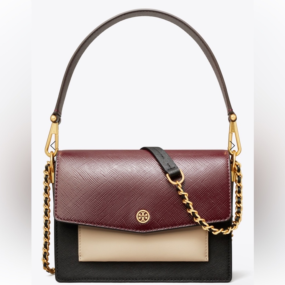 NWT Tory Burch Robinson ColorBlock DoubleStrap Convertible Bag, Black/Port, $468